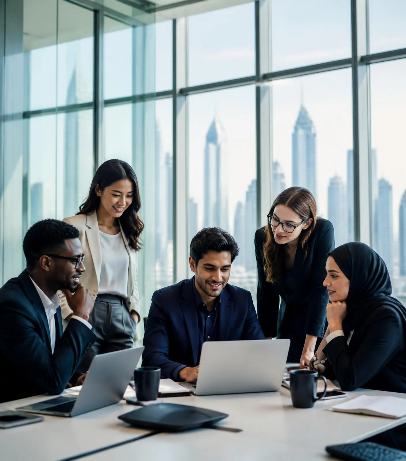Diverse team of professionals reviewing work together in a modern office with a city skyline beyond