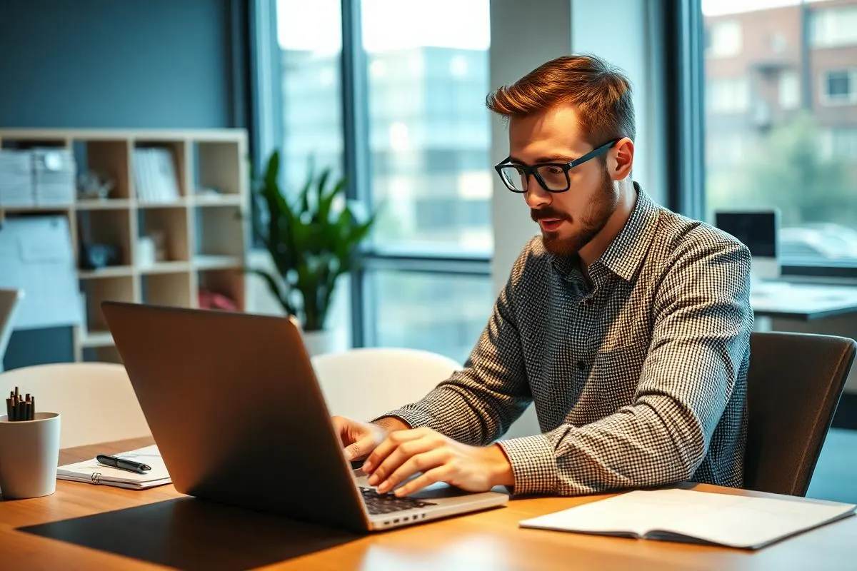 Business owner reviewing payroll records on a laptop in a bright workspace