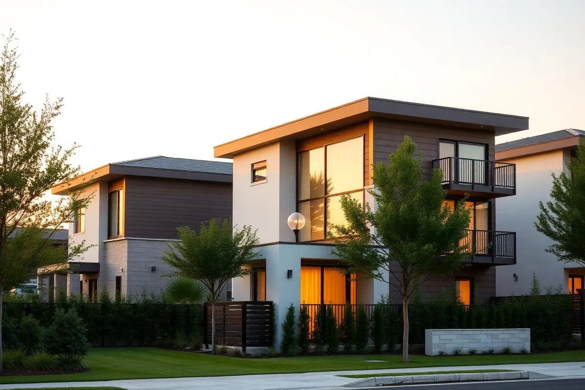 Modern residential homes at golden hour