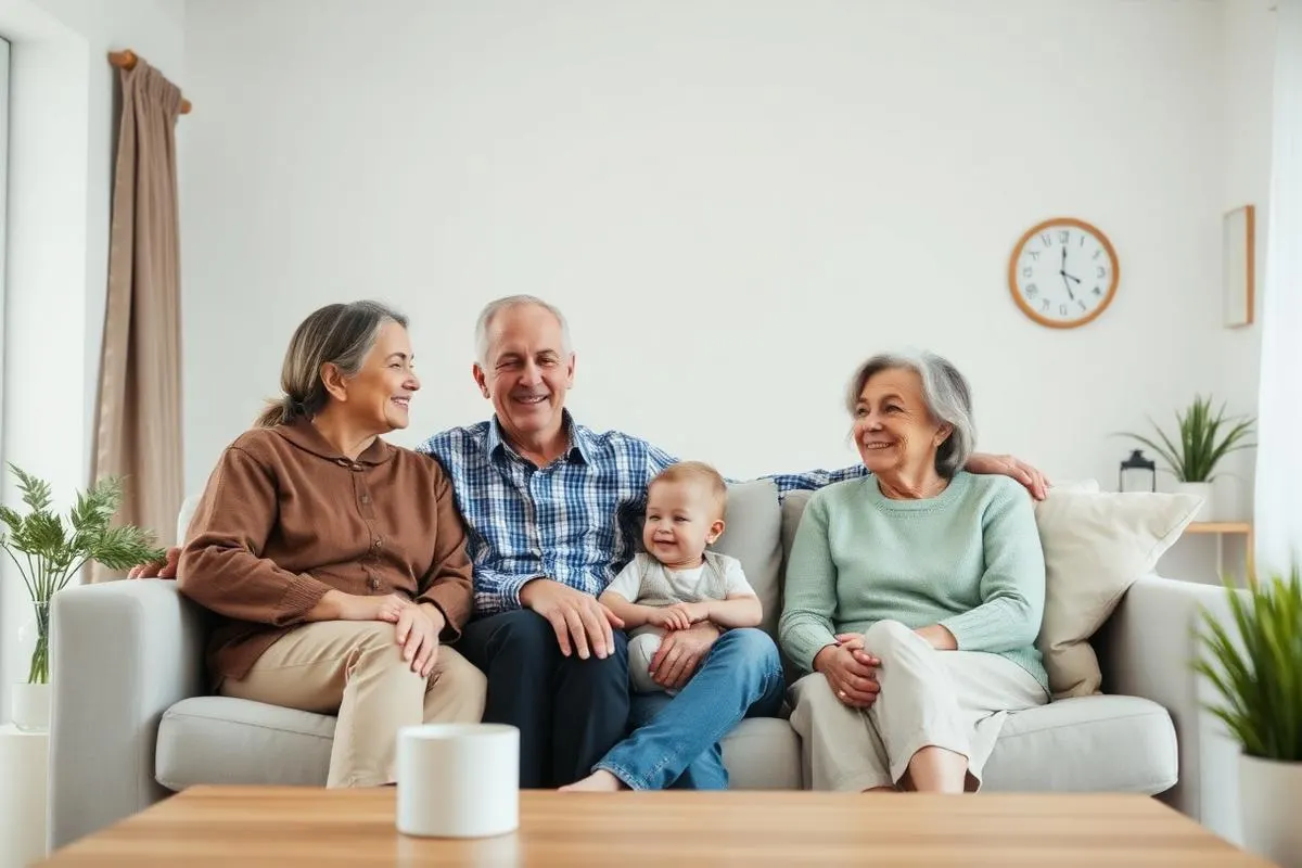 Multigenerational family together in a bright living room