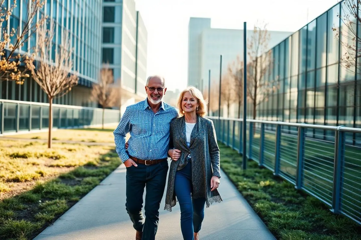 Couple walking outdoors on a bright morning near modern architecture