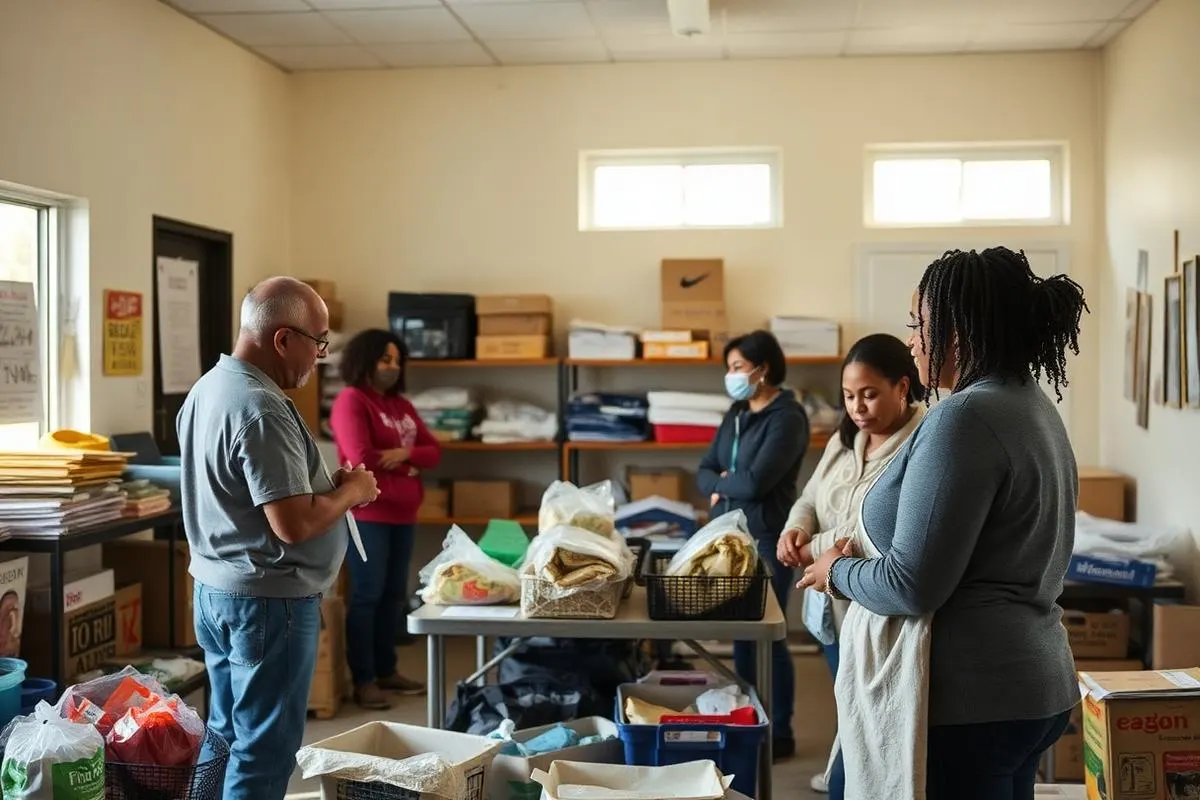 Volunteers organizing supplies at a community resource center